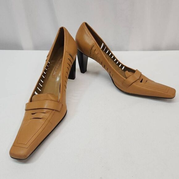 Enzo Angiolini Size 8.5 Tan Leather Square Toe Pump Heels L - Picture 2 of 12